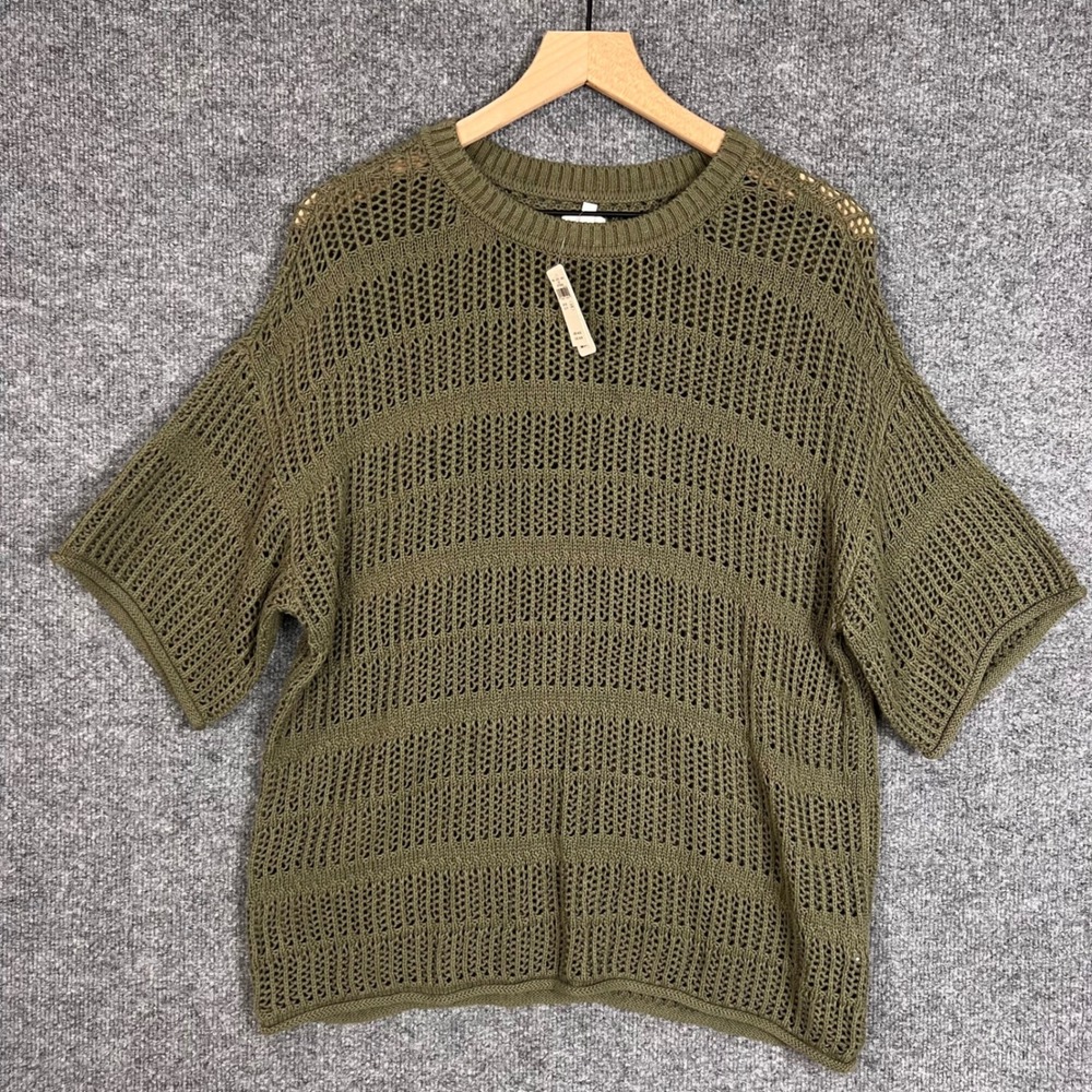 NEW Aerie Crochet Sweater Women XS Green New Short Sleeve Open Knit Pullover Top